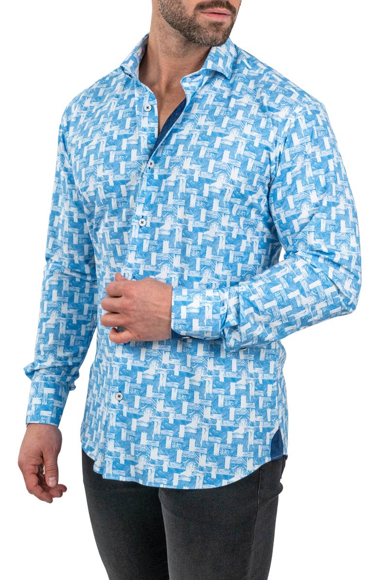 Maceoo Einstein Wood Waves Print Stretch Button-Up Shirt, Alternate, color, Blue
