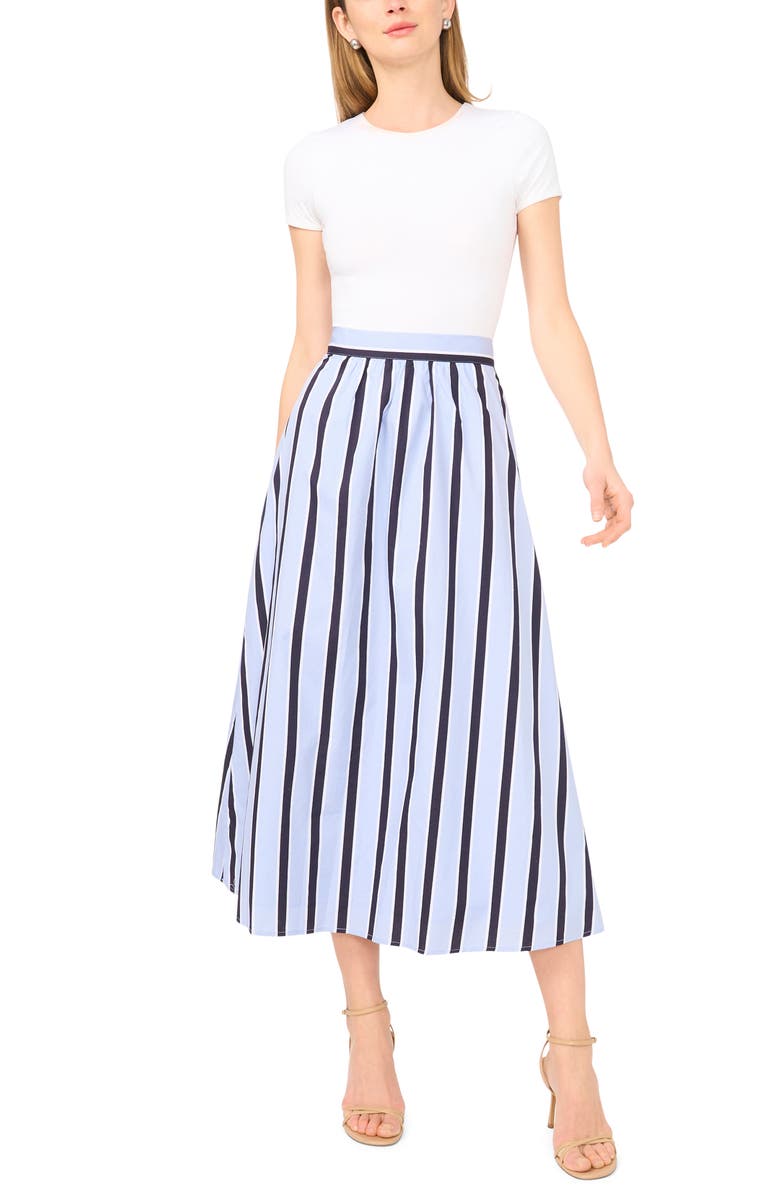 Vince Camuto Stripe Flare Midi Skirt, Alternate, color, Metro Blue