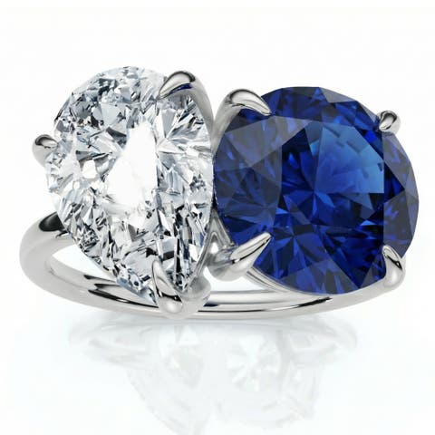 5 1/2Ct Certified Blue Sapphire & Diamond Toi Et Moi Diamond Ring Gold Lab Grown