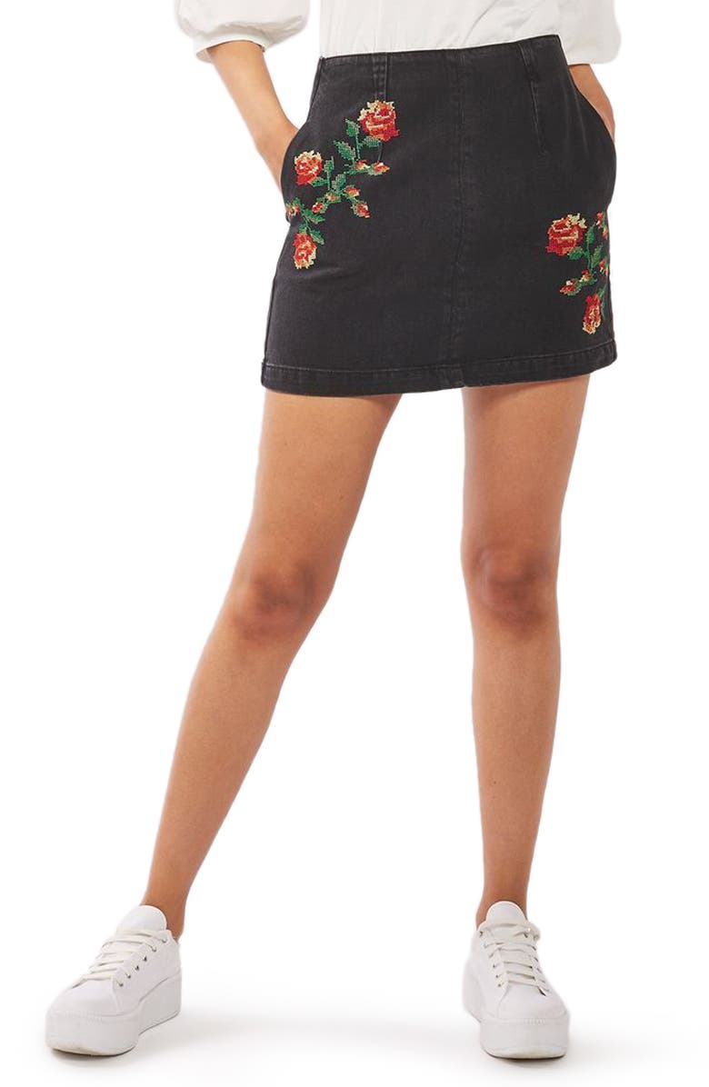 Topshop Moto Embroidered Denim Miniskirt, Main, color, 