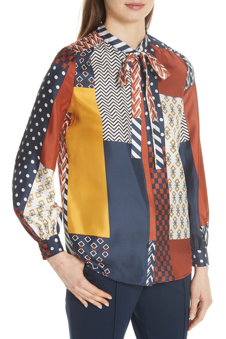 Vivian Patchwork Silk Top, Alternate, color, GEOMETRIC PATCHWORK