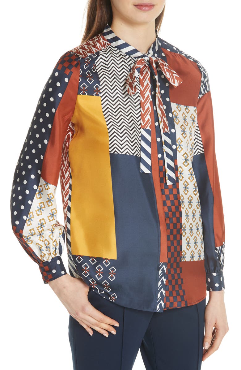 Tory Burch Vivian Patchwork Silk Top, Alternate, color, 