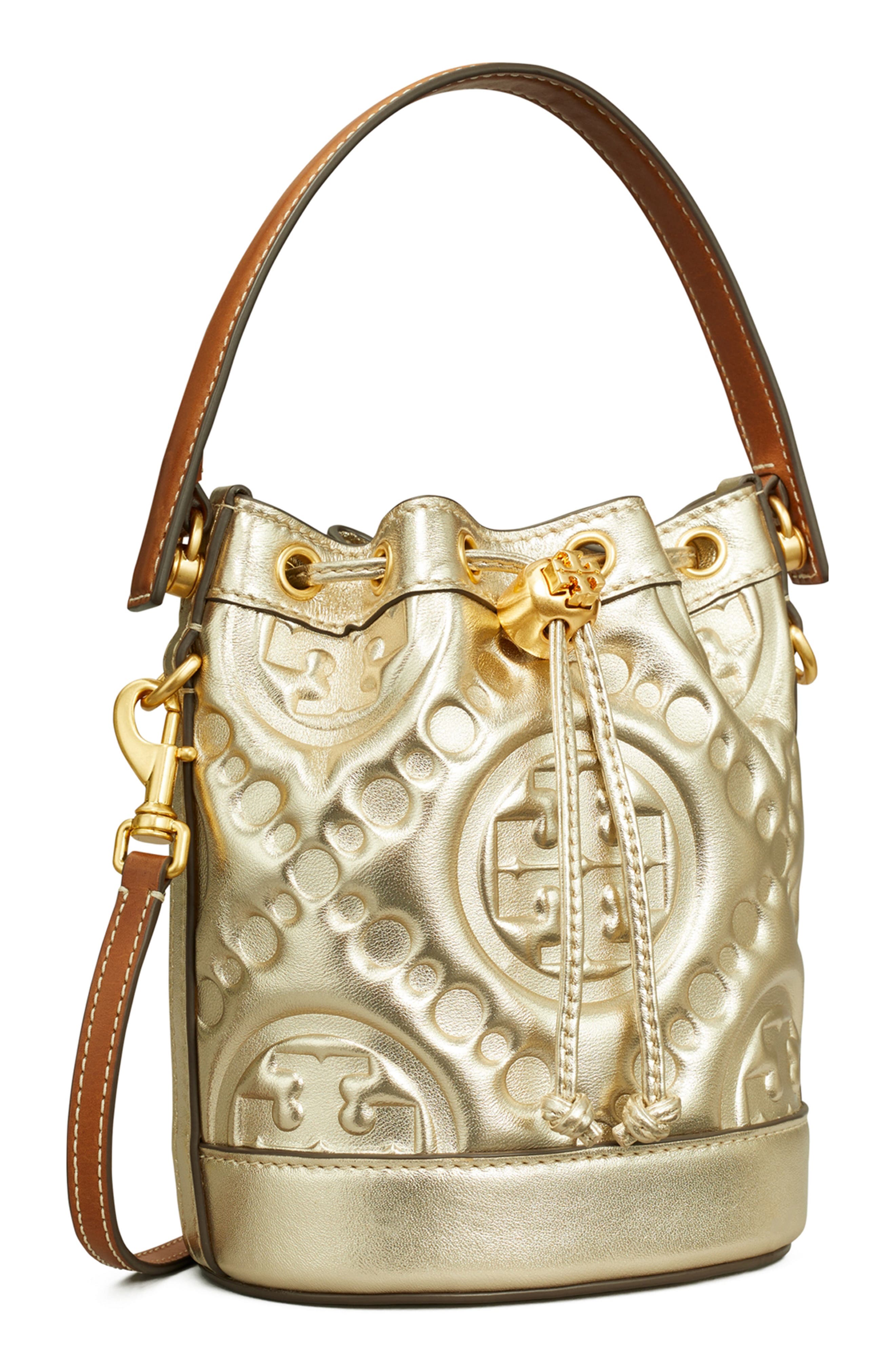 Tory Burch T-Monogram Embossed Puffy Metallic Leather Bucket Bag, Alternate, color, 