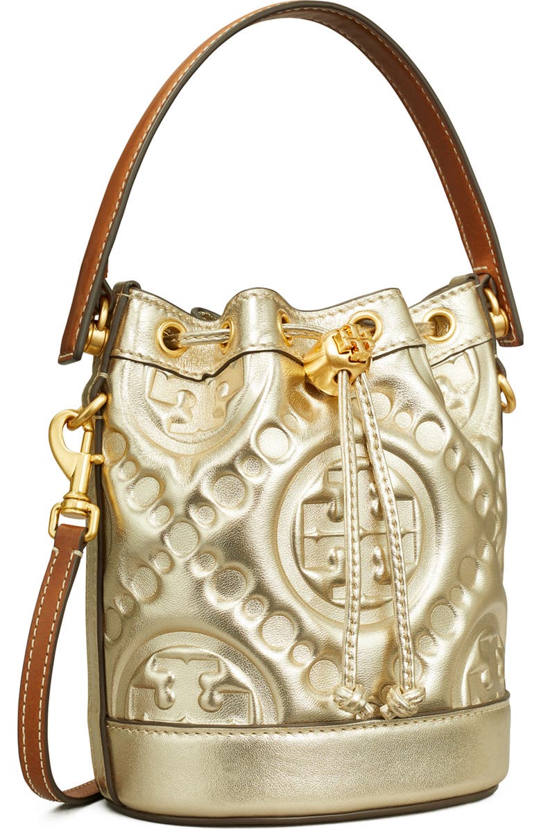Tory Burch T-Monogram Embossed Puffy Metallic Leather Bucket Bag, Alternate, color,