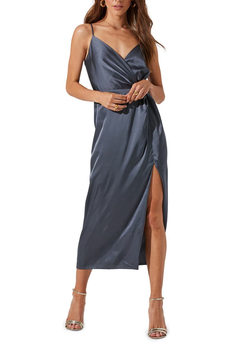 Twist Front Satin Dress, Main, color, SLATE BLUE