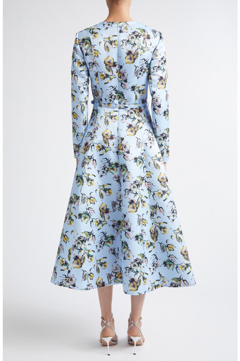 Capucine Floral Long Sleeve Belted Genzianella Sateen Midi Dress, Alternate, color, FLORAL GREEN/YELLOW ON BLUE