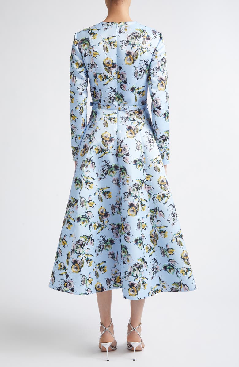 Emilia Wickstead Capucine Floral Long Sleeve Belted Genzianella Sateen Midi Dress, Alternate, color, Floral Green/Yellow On Blue