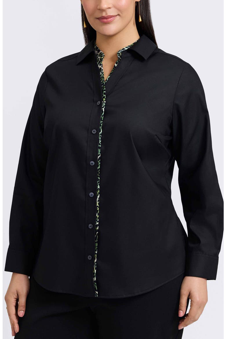 Marlee Leopard Trim Cotton Blend Button-Up Shirt, Main, color, BLACK