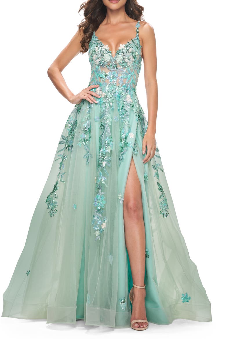 Sequin Floral Lace Applique A-Line Tulle Dress, Main, color, Sage