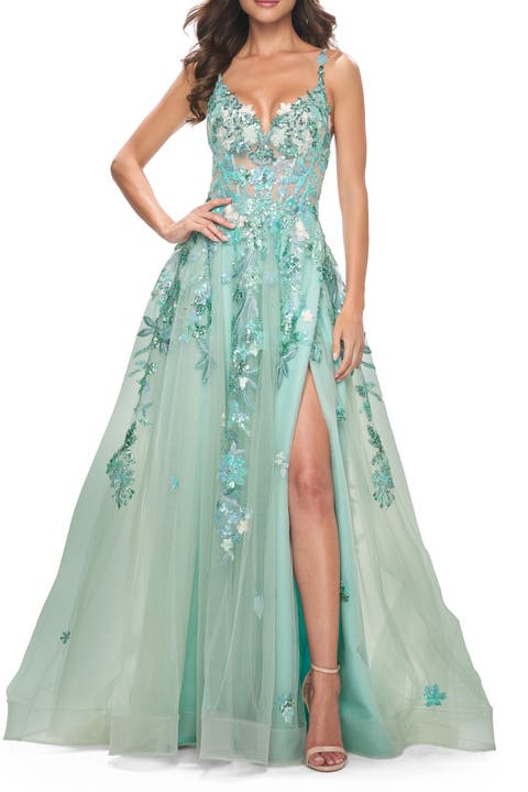 Sequin Floral Lace Applique A-Line Tulle Dress