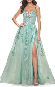 La Femme Sequin Floral Lace Applique A-Line Tulle Dress