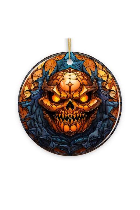 Pumpkin Skull Stained Glass Style Ceramic Ornament