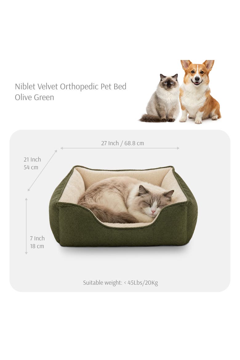 Essential Niblet Velvet Square Cuddler Pet Bed, Alternate, color, Olive Green