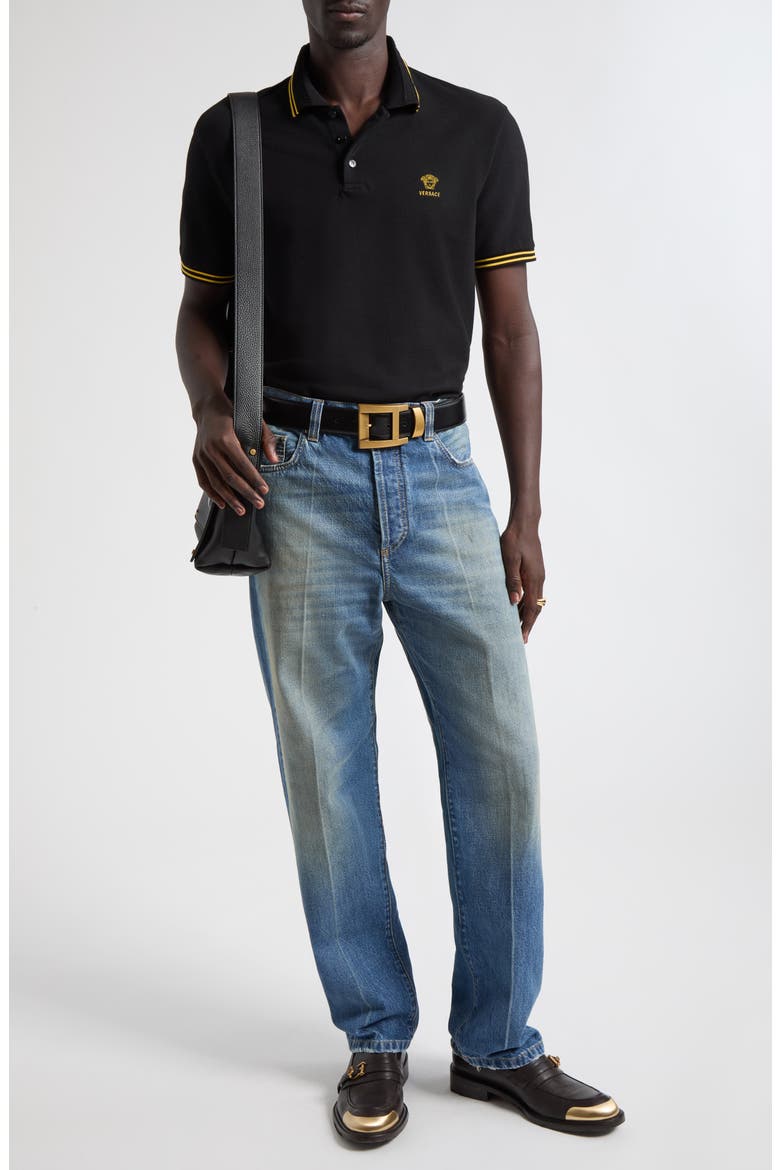 Medusa Piqu Cotton Polo, Alternate, color, BLACK GOLD