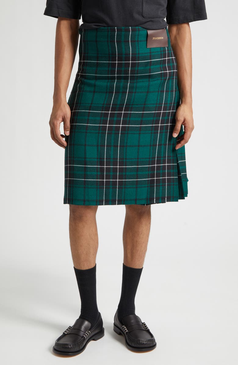 JW Anderson Plaid Wool Kilt, Main, color, Forest Green