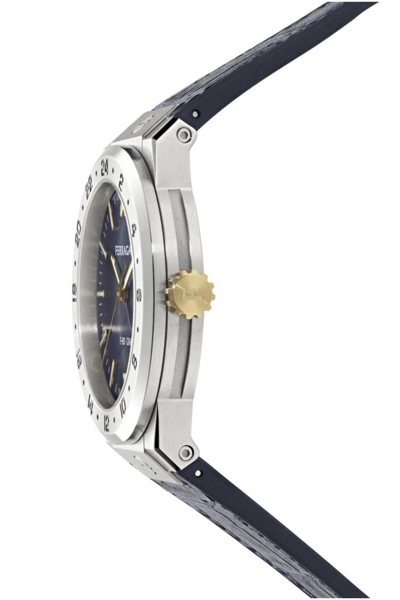 F-80 Classic GMT Leather Strap Watch, 41mm, Alternate, color, STAINLESS STEEL/ BLUE
