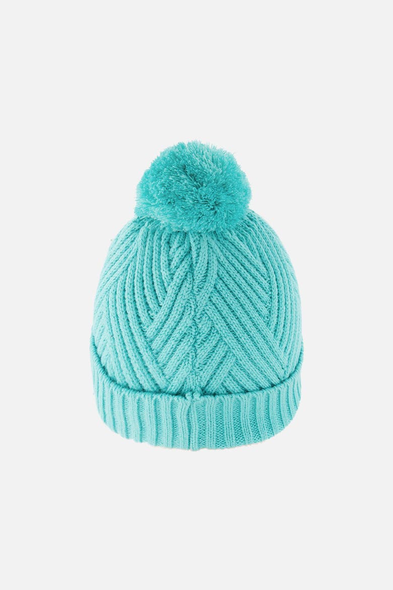 Winter Chevron Fleece-Lined Pompom Knit Hat, Alternate, color, Turquoise Blue