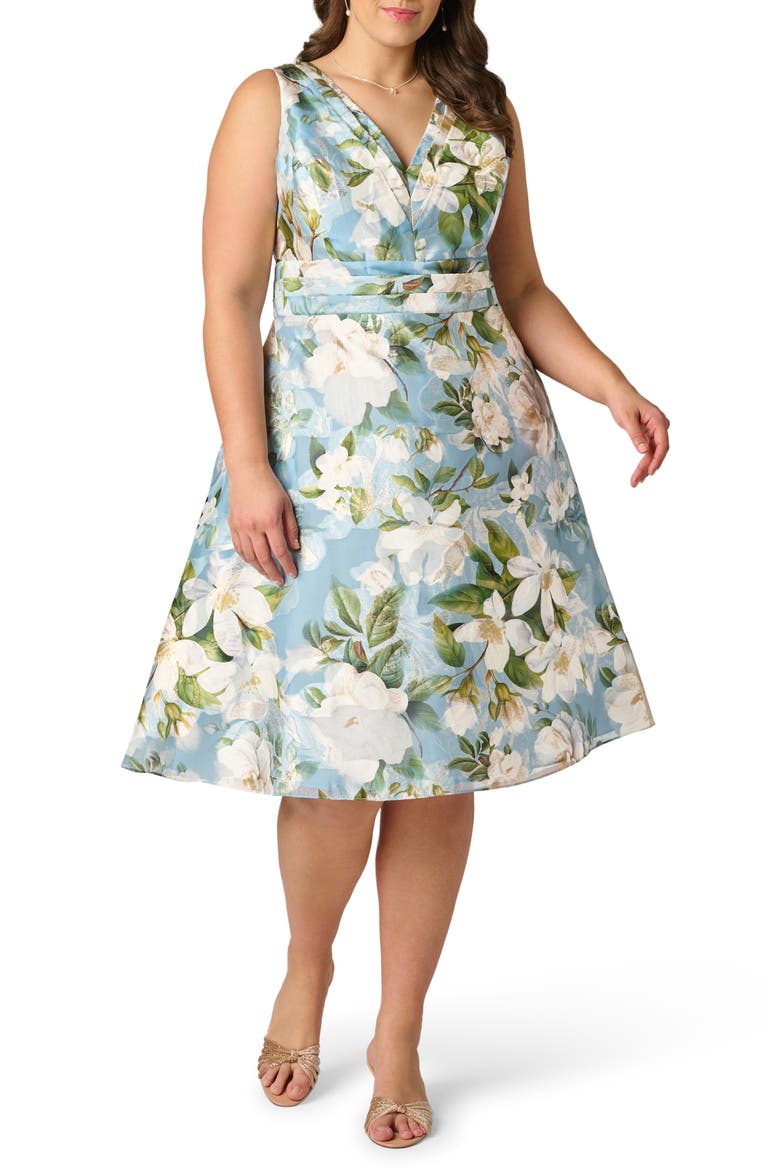 Magnolia Floral Jacquard Midi Fit & Flare Dress, Main, color, BLUE MULTI
