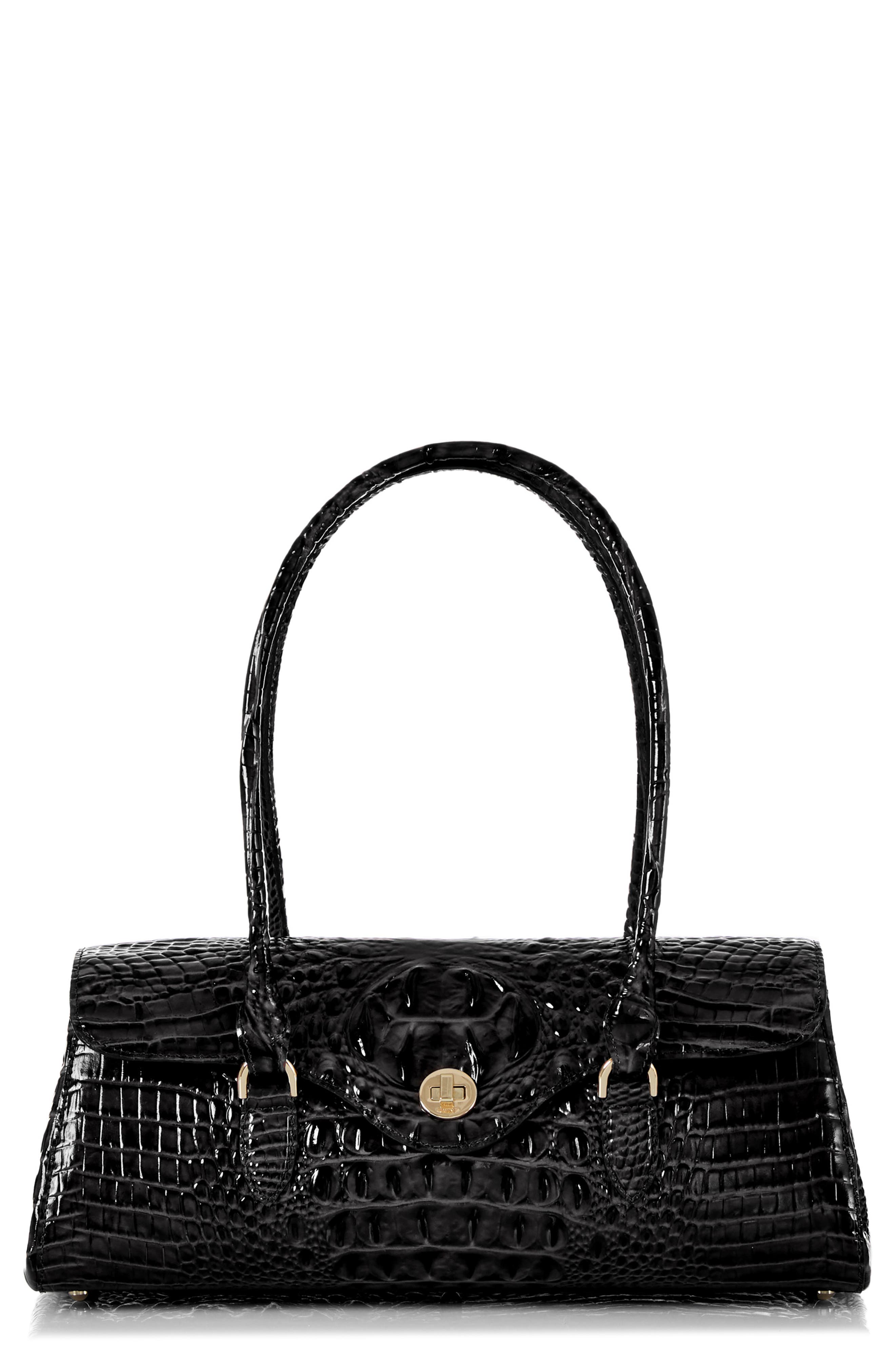 Brahmin Dayan Croc Embossed Leather Satchel, Main, color, Black