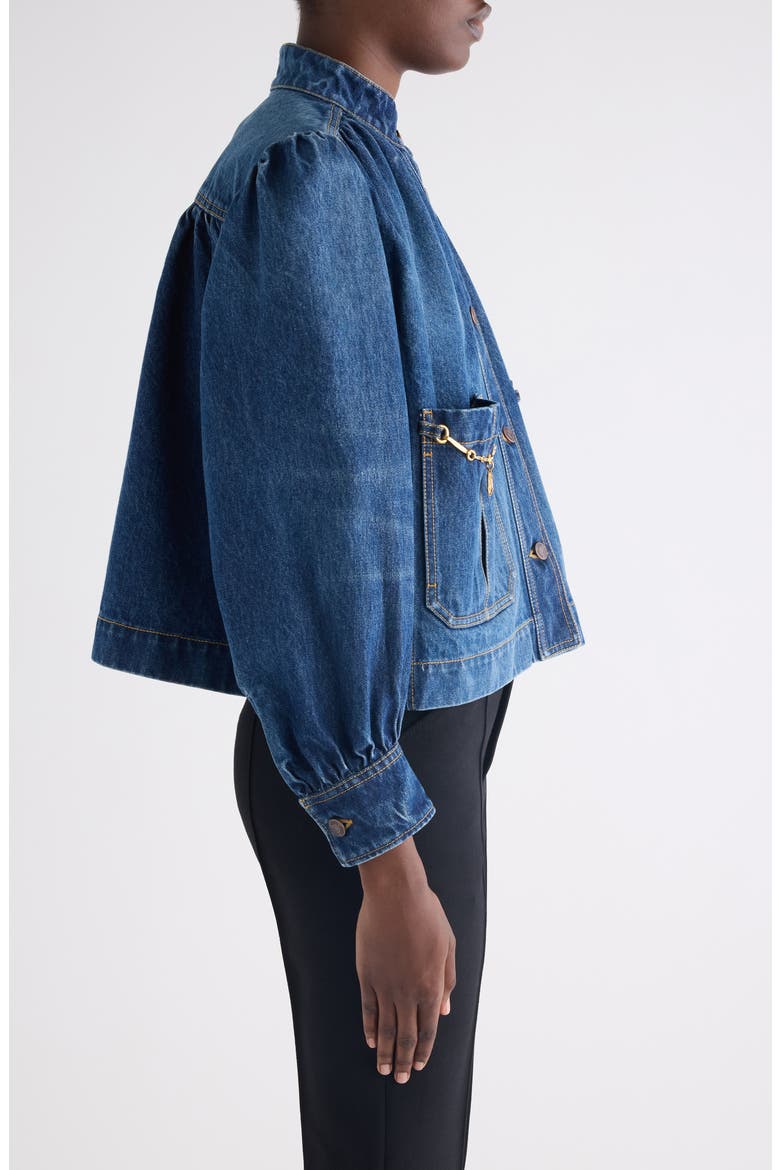 Chain Detail Puff Shoulder Denim Jacket, Alternate, color, FADED INDIGO