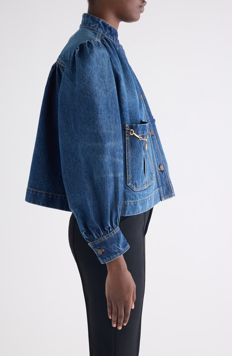 Chloé Chain Detail Puff Shoulder Denim Jacket, Alternate, color, Faded Indigo