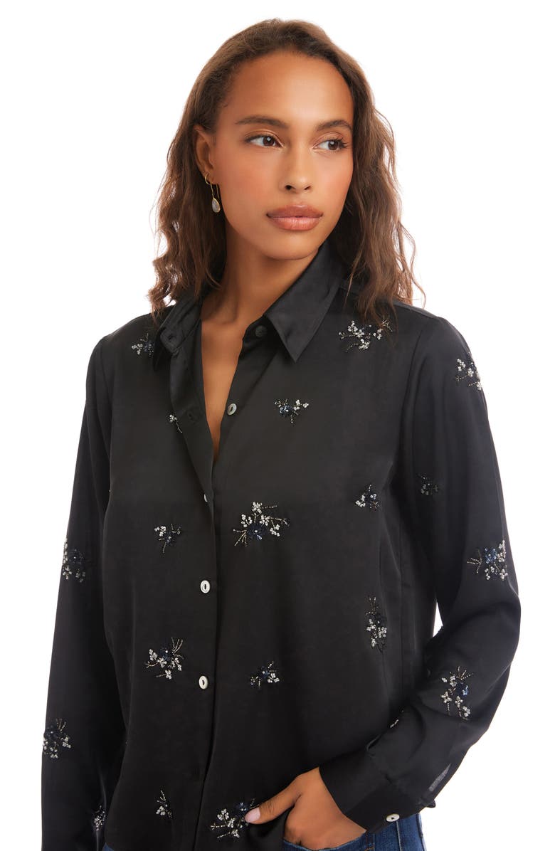 Karen Kane Floral Embellished Satin Button-Up Shirt, Alternate, color, Black