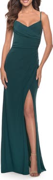 La Femme Long Jersey Dress with V-neck and Open Back