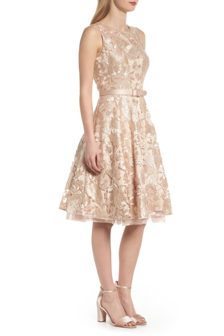 Belted Lace Fit & Flare Dress, Alternate, color, GOLD