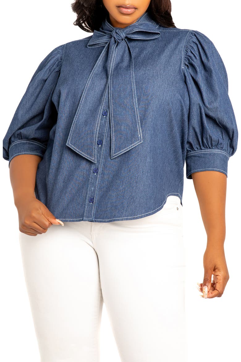 Bow Neck Denim Shirt, Main, color, DENIM BLUE