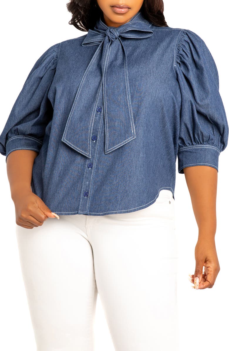 BUXOM COUTURE Bow Neck Denim Shirt, Main, color,