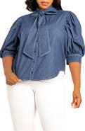 BUXOM COUTURE Bow Neck Denim Shirt