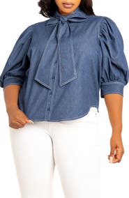 BUXOM COUTURE Bow Neck Denim Shirt