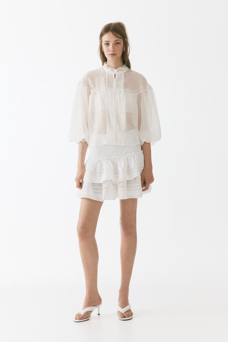 Ruffle-trimmed Balloon-sleeved Blouse, Alternate, color, White