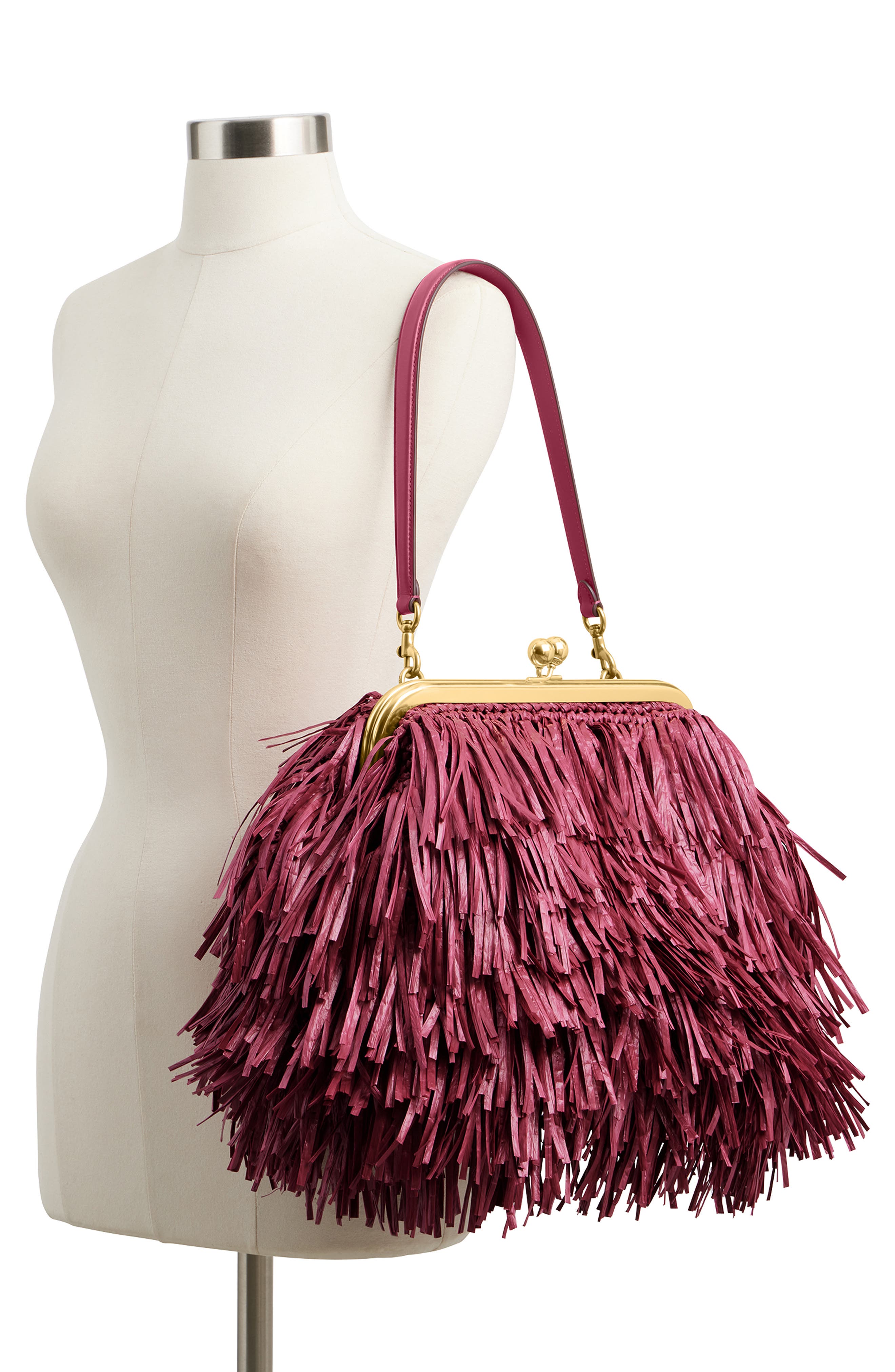 Kisslock Fringe Straw Frame Bag, Alternate, color, B4/ DARK FUCHSIA