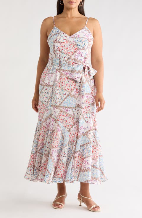 Minzi Floral Print Pleated Sleeveless Midi Dress (Plus)