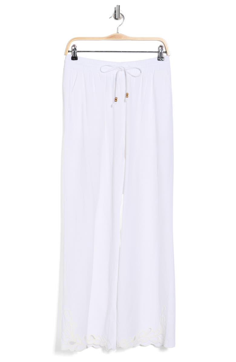 Ellen Tracy Embroidered Eyelet Hem Wide Leg Pull-On Pants, Alternate, color, White