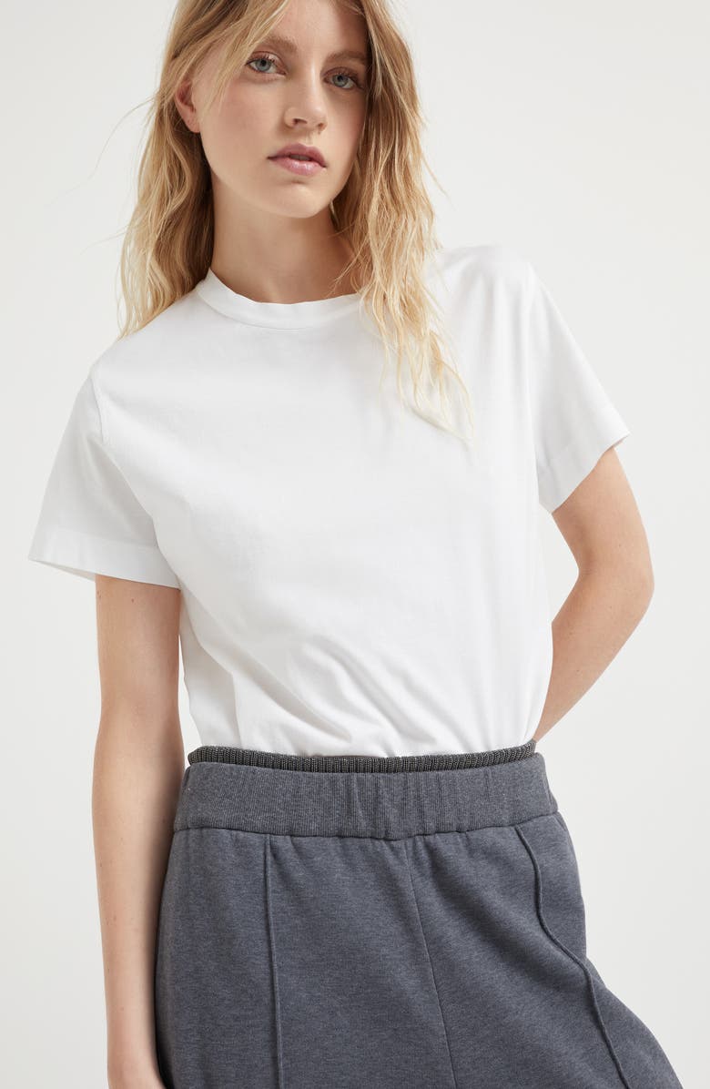 Brunello Cucinelli Cotton smooth French terry baggy trousers with shiny ribbed detail, Alternate, color, 