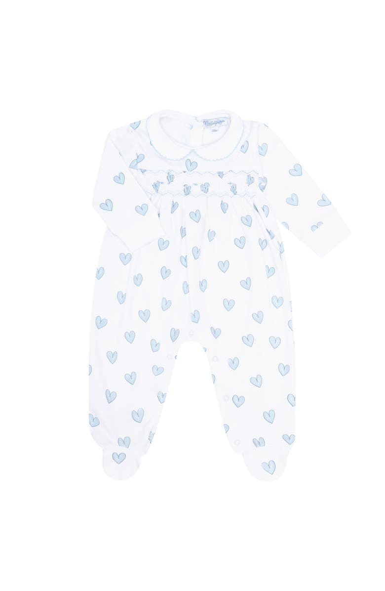 Nellapima Blue Heart Print Smocked Footie - Baby, Alternate, color, Blue