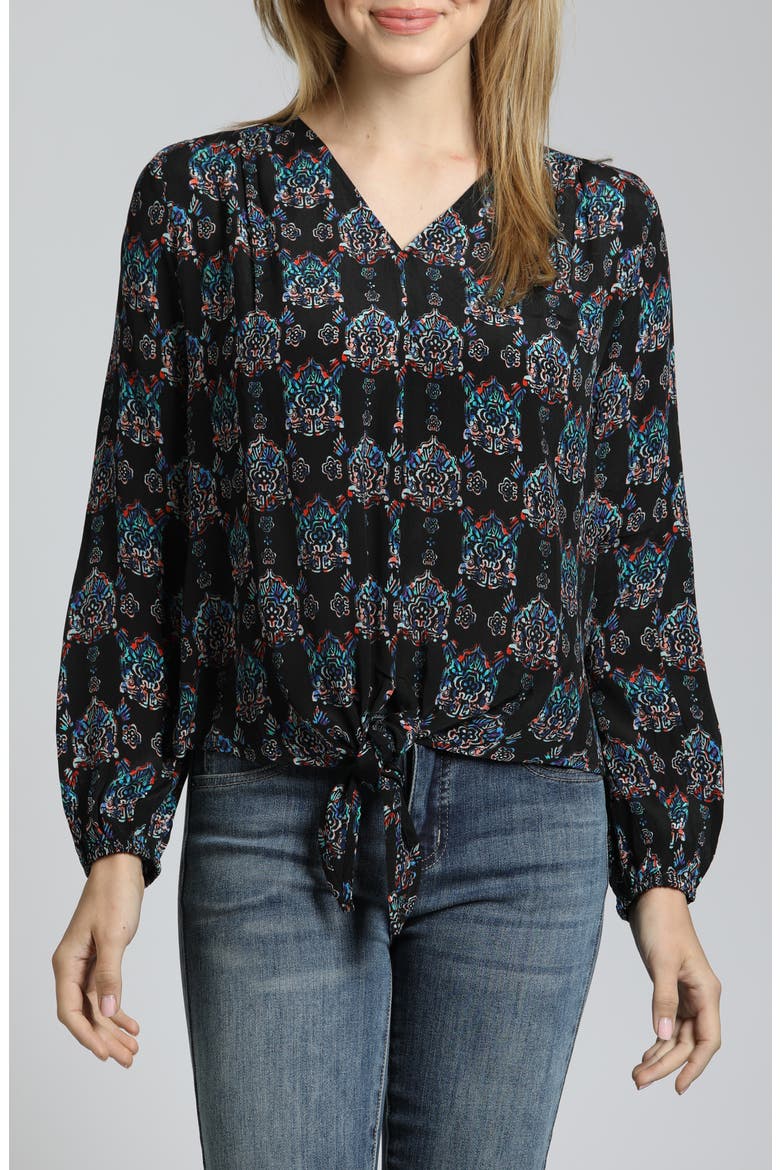 Print Tie Front Top, Main, color, BLACK MULTI