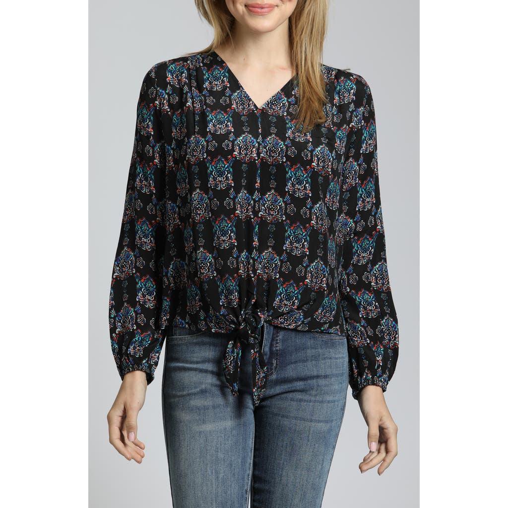 Apny Print Tie Front Top In Black Multi