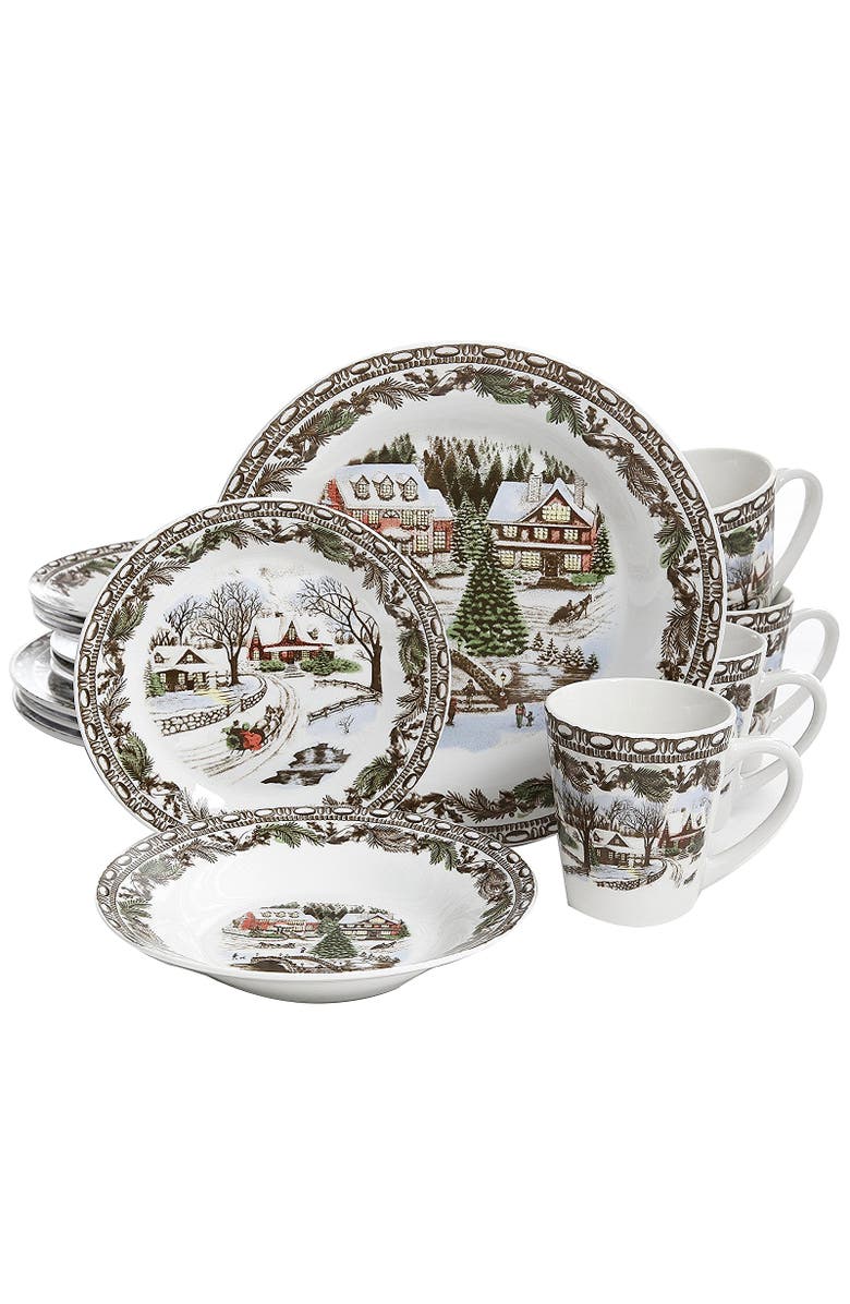 Gibson Home Christmas Toile 16 Piece Dinnerware Set, Main, color, White