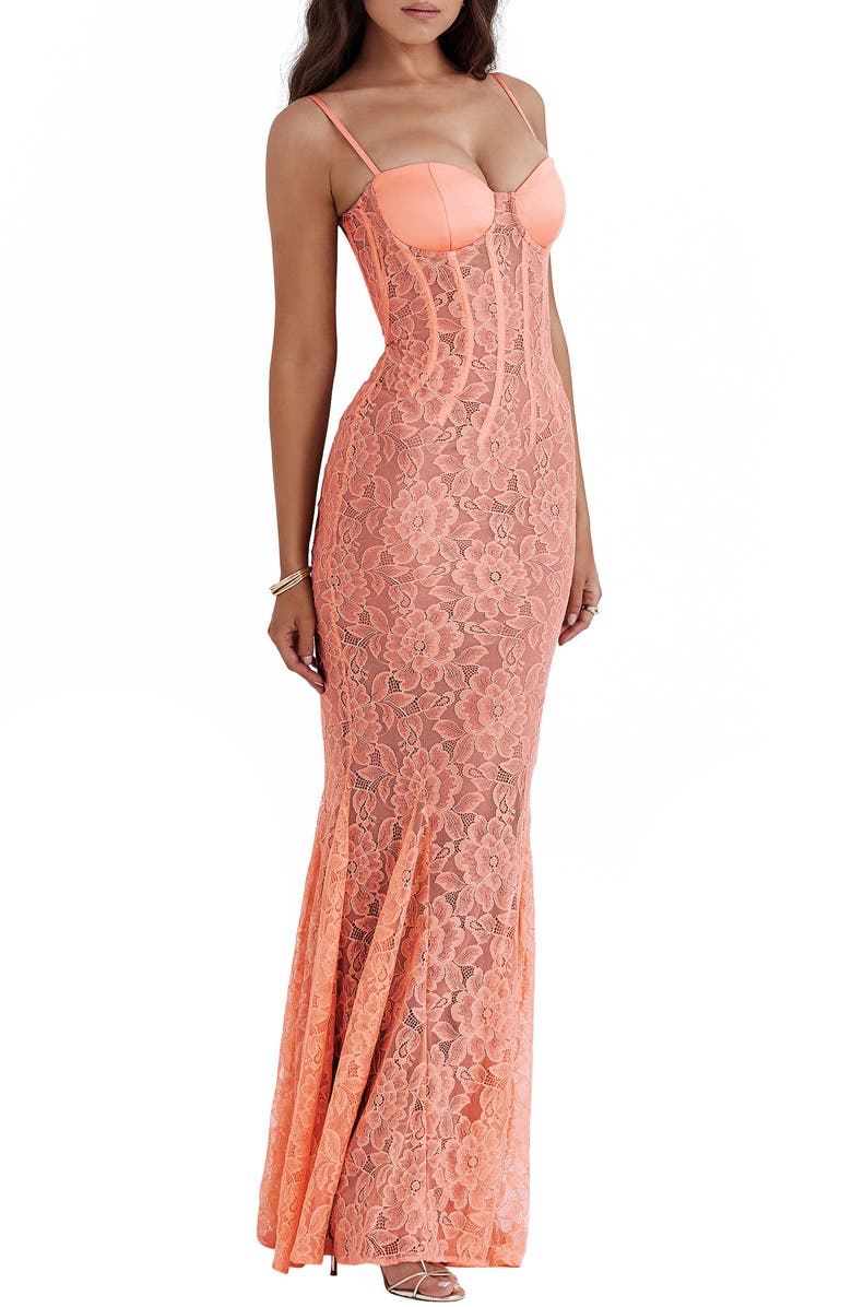 HOUSE OF CB Cordelia Lace Corset Mermaid Gown, Alternate, color, Papaya Punch