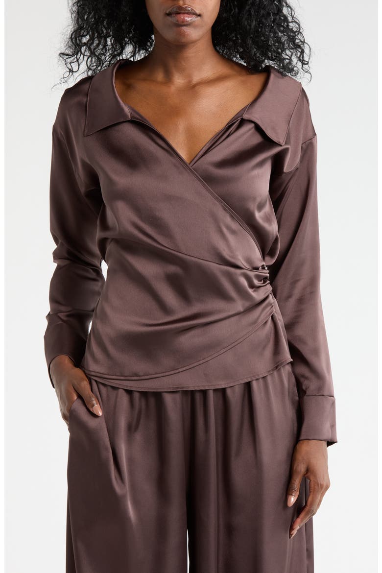 Faux Wrap Satin Top, Main, color, CHOCOLATE