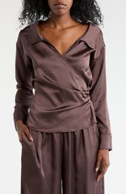 Renee C Faux Wrap Satin Top