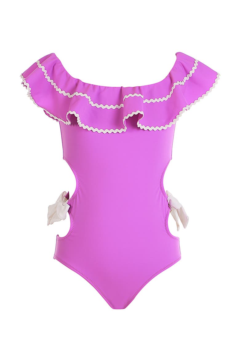 Off-Shoulder Side Cut-Out and Bows One-Piece Swimsuit, Main, color, Purple