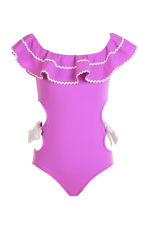 Off-Shoulder Side Cut-Out and Bows One-Piece Swimsuit
