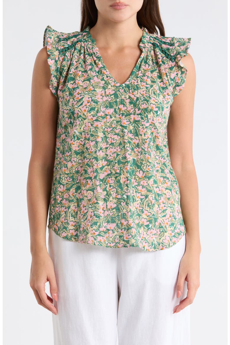 Ruffle Sleeveless Cotton Top, Main, color, GREEN/PALE YELLOW/ PINK FLORAL