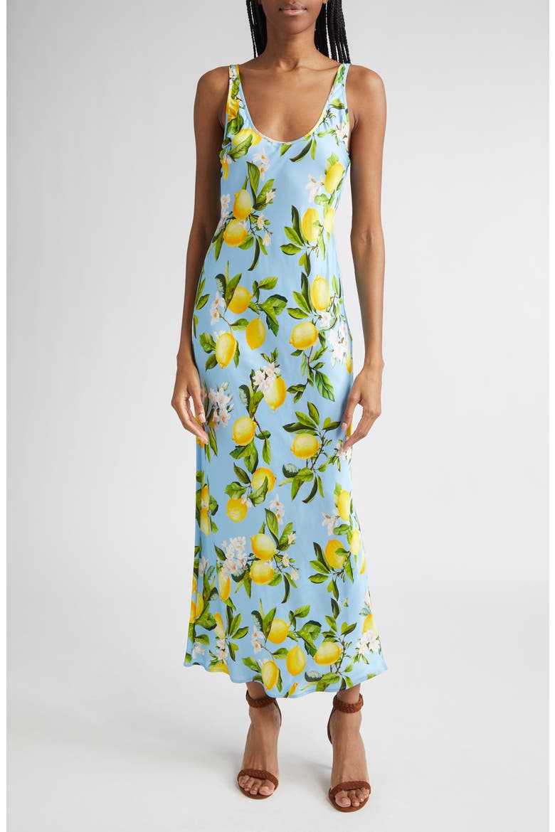 Akiya Lemon Print Satin Tank Dress, Main, color, SKY BLUE/ YELLOW FLORAL LEMON