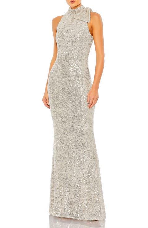 Sequin Mesh Gown with High Neckline & Statement Shoulder Bow