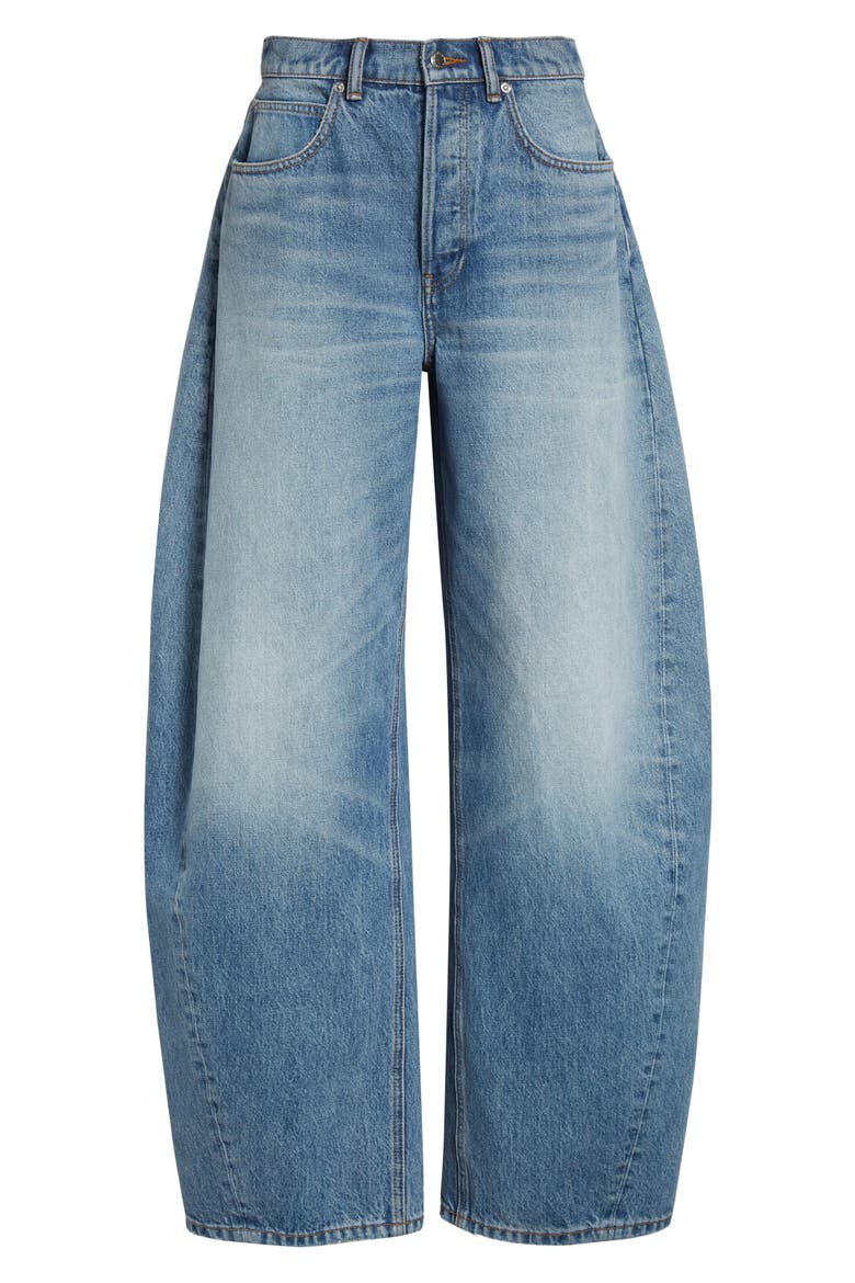 Distressed Logo Blow Up Barrel Leg Jeans, Alternate, color, AUTHENTIC LIGHT INDIGO
